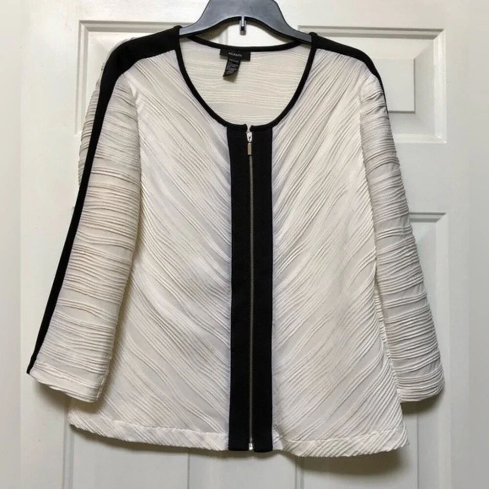ALFANI IVORY/BLACK JACKET WOMEN'S SIZE M PLEATED FULL ZIPPER LIGHTWEIGHT